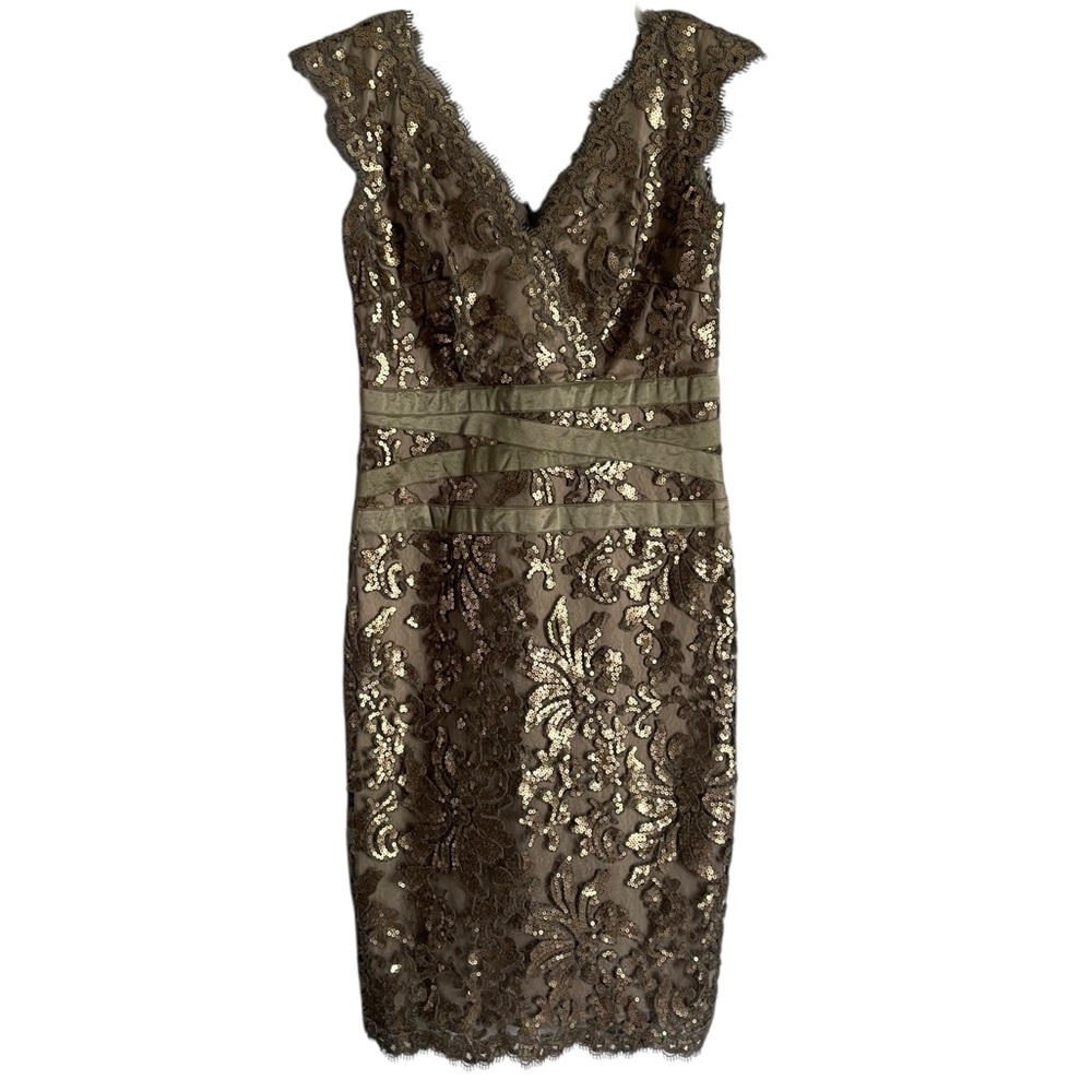 Tadashi Shoji Sequined Lace Smoked Pearl Grey Bronze Waist Detail Dress Sz 6